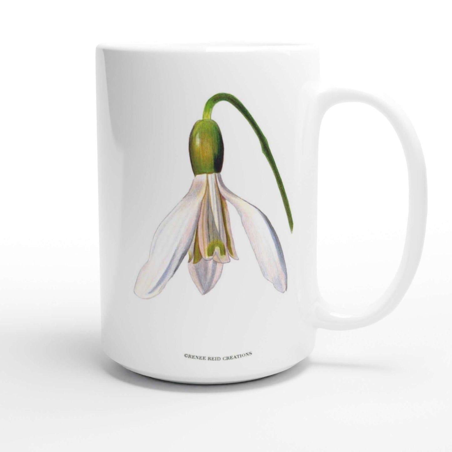 Snowdrop Flower Mug 15oz featuring a botanical illustration of a snowdrop flower.
