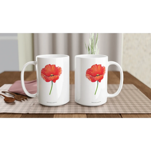 Poppy Flower Mug 15oz featuring vibrant poppy design displayed on a table setting.