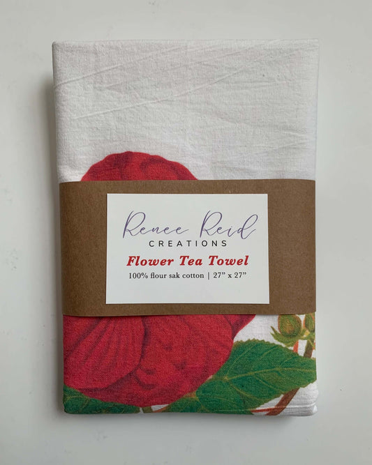 Red Hibiscus Floral Cotton Tea Towel with vibrant illustration by Renee Reid, showcasing tropical beauty and warmth.