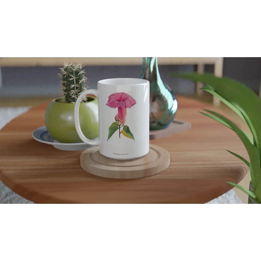 Pink Morning Glory Flower Mug 15oz displayed on a wooden table, surrounded by plants and decorative items.