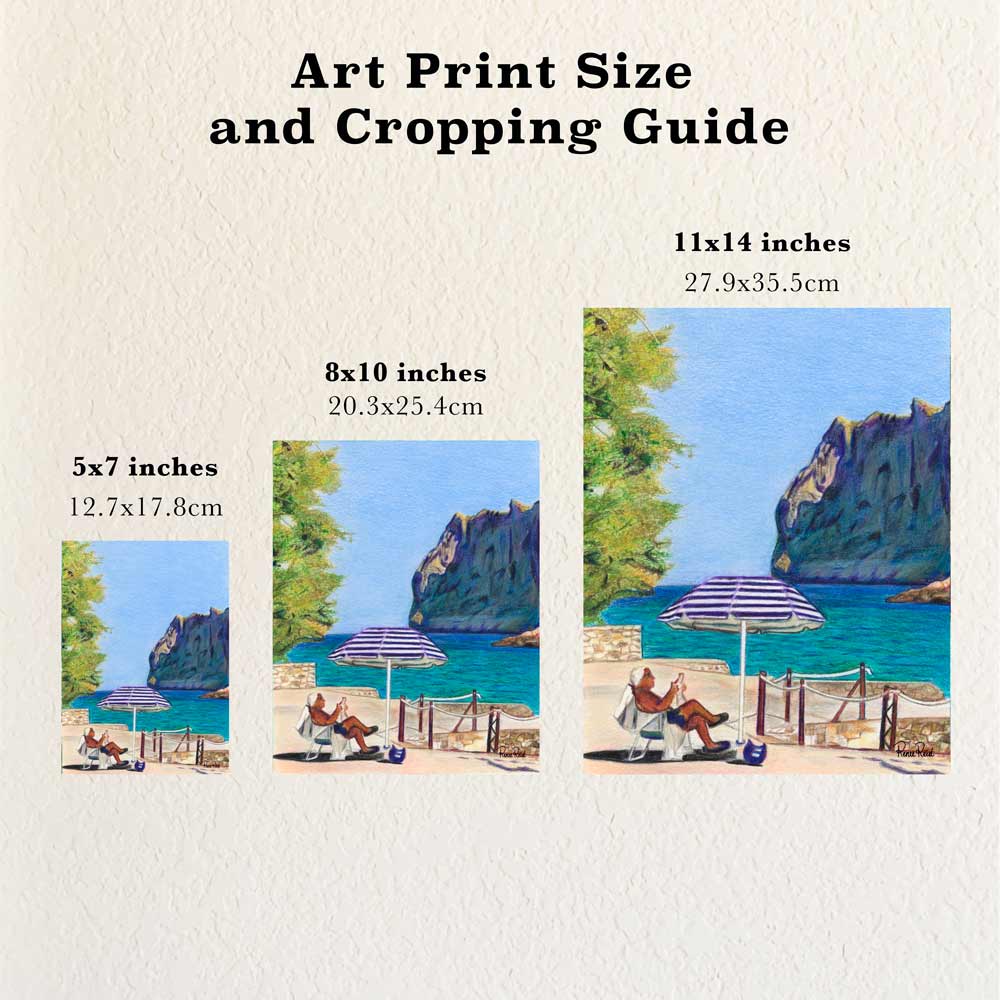 Size and cropping guide showing different sizes of art prints based on a beachside drawing by Renee Reid