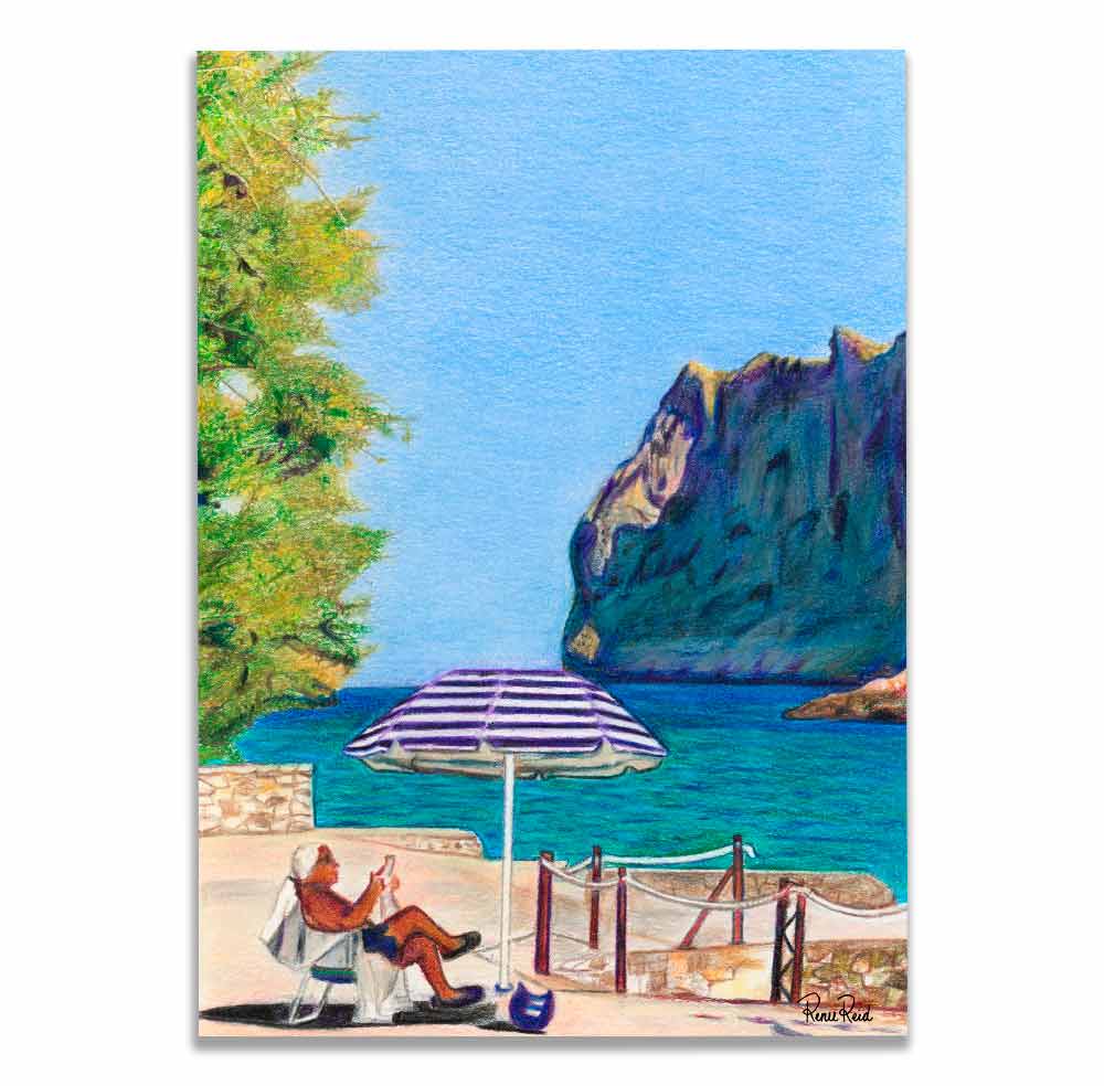 Renee Reid art print of a man sitting by the beach under an umbrella reading the newspaper