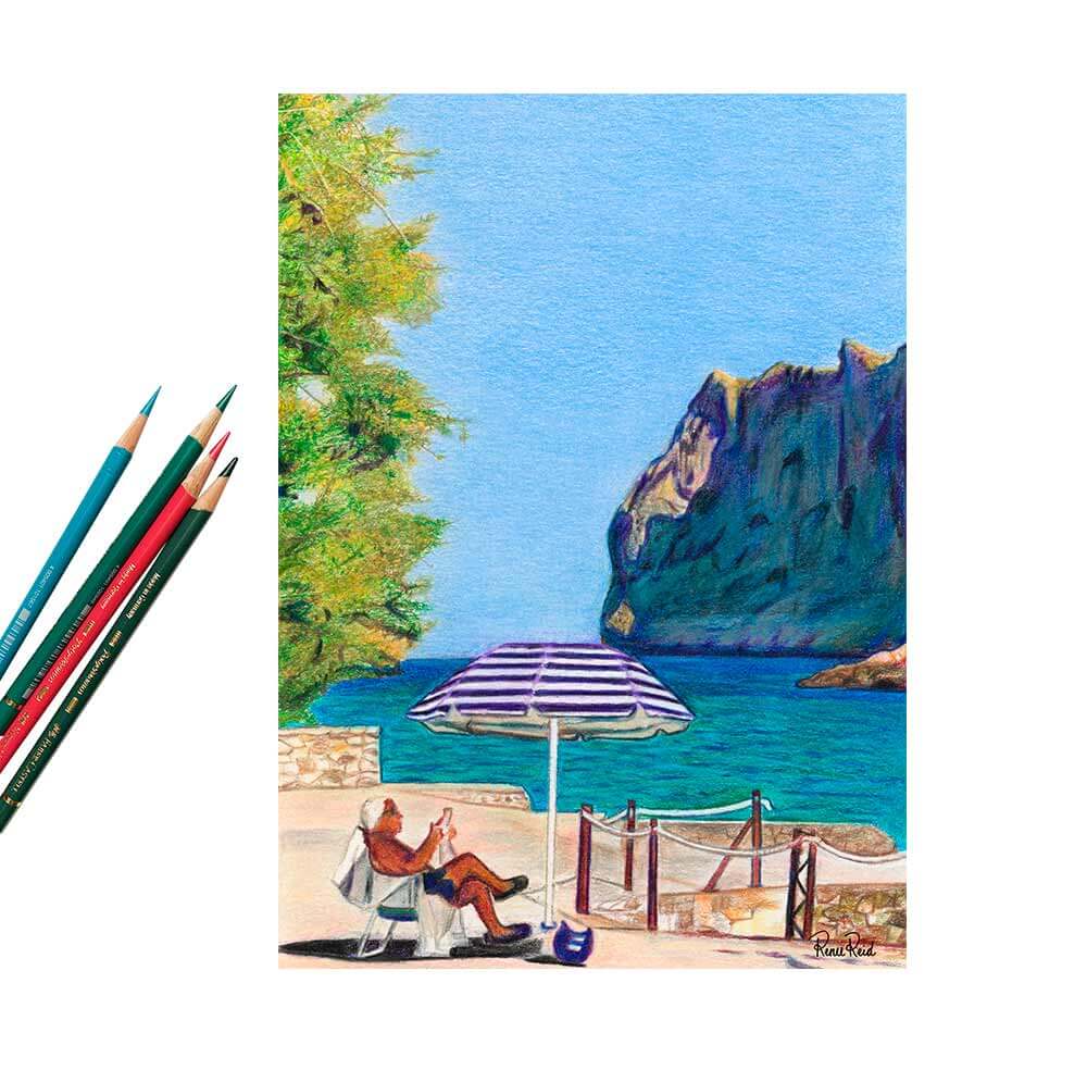 Renee Reid art print of a man sitting by the beach under an umbrella reading the newspaper; colored pencils on the left