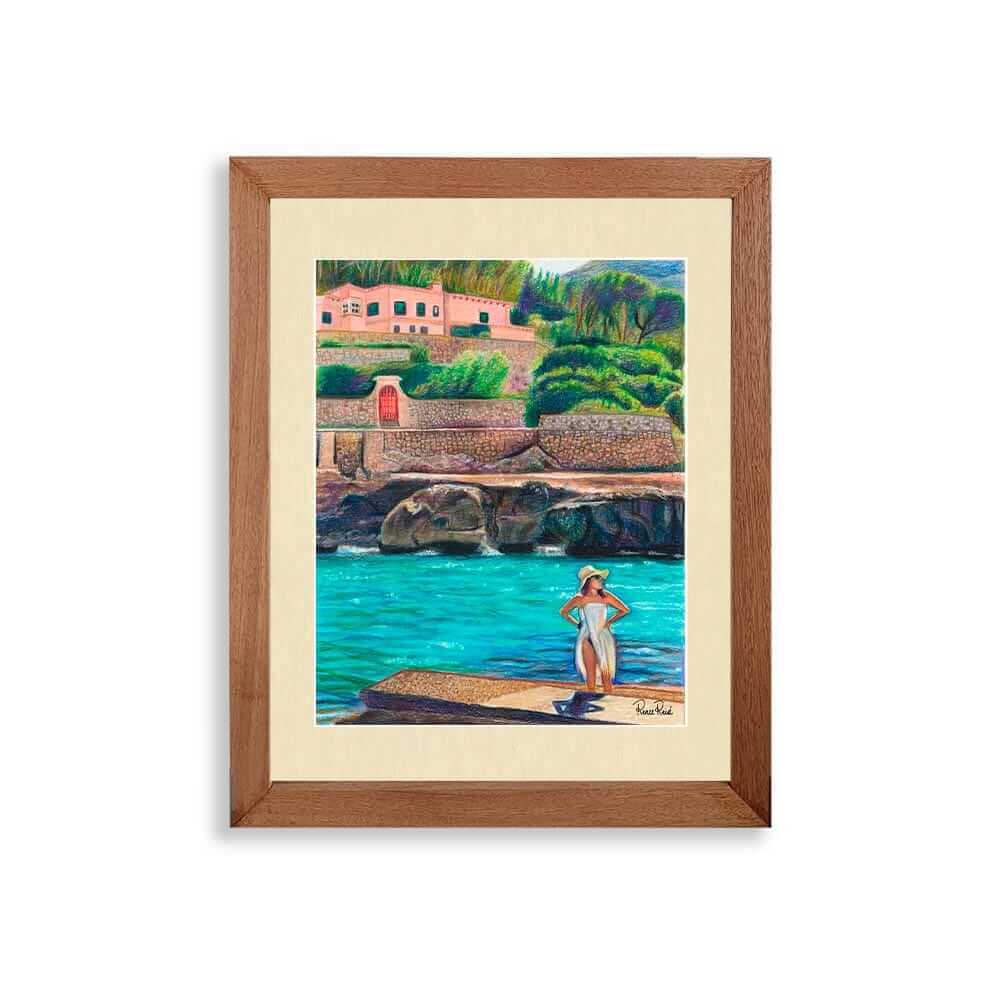 Renee Reid framed art print of a woman on a beachside landing glazing into the distance