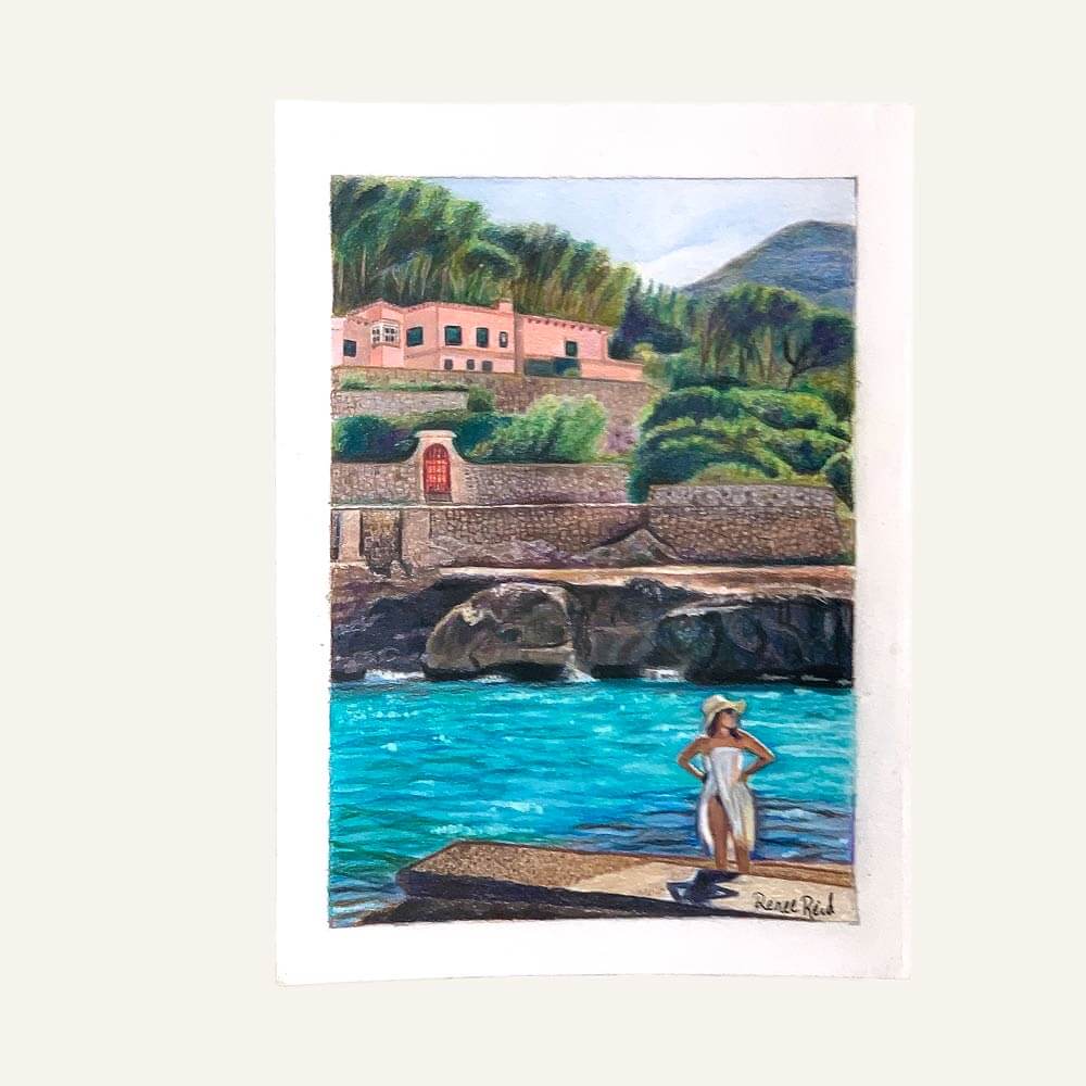 Renee Reid original artwork of a woman on a beachside landing glazing into the distance