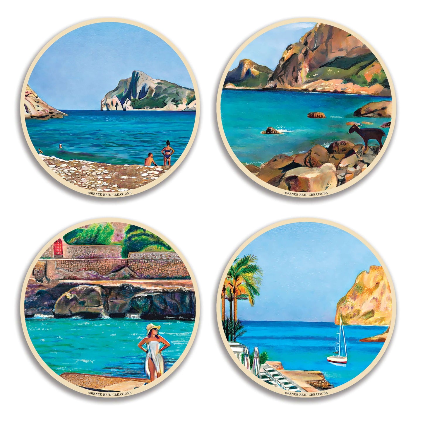 Four Mallorca Blues found ceramic coasters with original art, cork backing, and absorbent stone for stylish functionality."