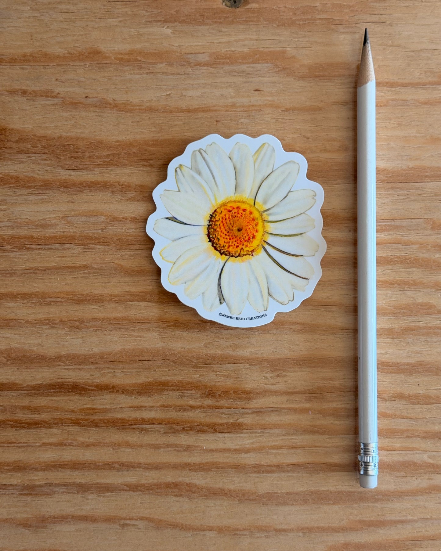 Sticker of a white Daisy Flower Vinyl Sticker on a wooden surface next to a pencil.