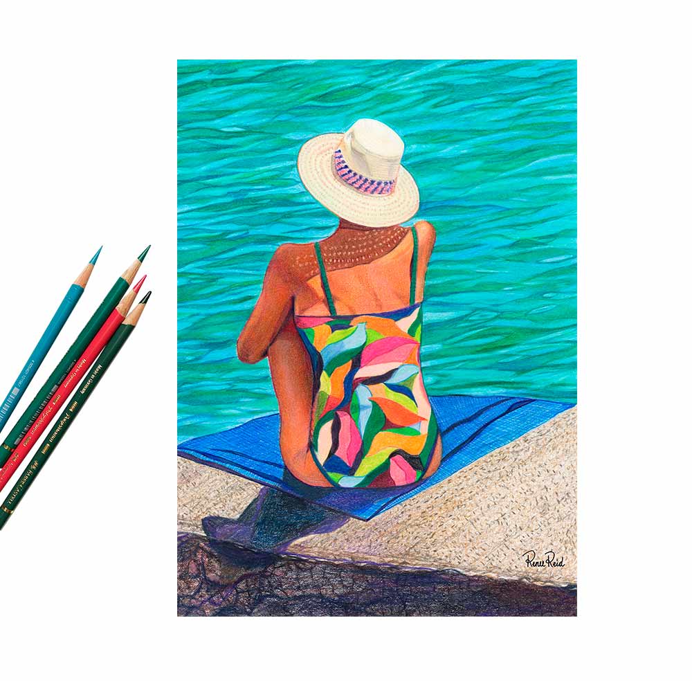 Renee Reid art print of a woman in a colorful swimsuit daydream on a seaside landing with colored pencil on the left