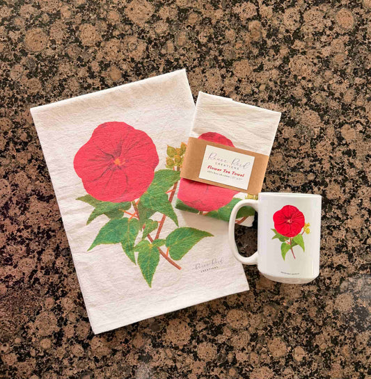 Red Hibiscus Floral Cotton Tea Towel