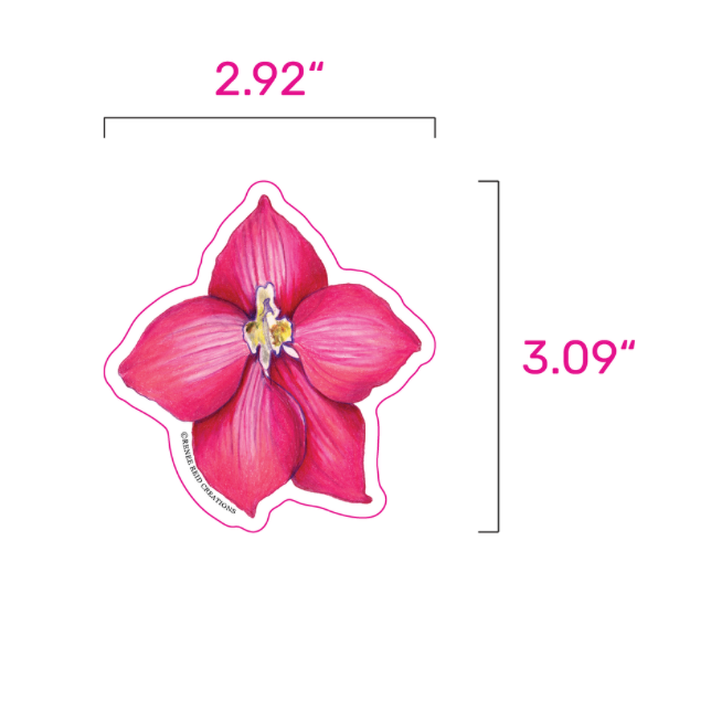 A single pink larkspur flower decal centered on a white background, with pink measurement lines and text showing dimensions 2.92 inches wide and 3.