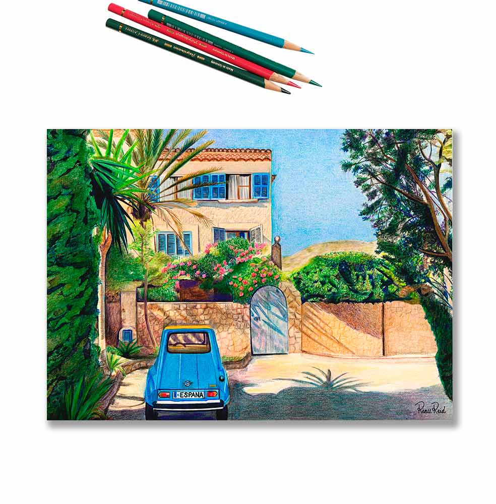 Renee Reid art print of a country home surrounding by trees with a parked blue car in front with colored pencil on the top