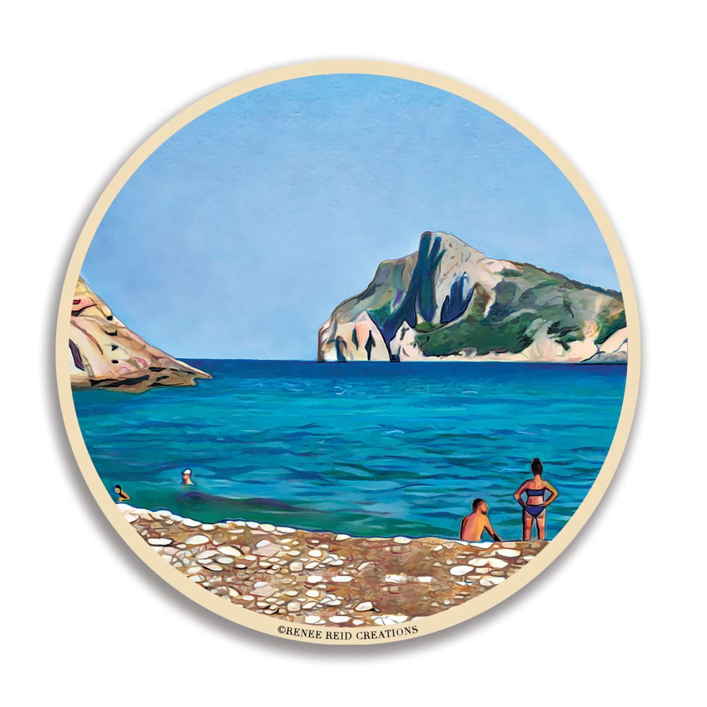 Mallorca Blues round ceramic coaster with the original art Nostalgic by Artist Renee Reid, cork backing, and absorbent stone for stylish functionality.