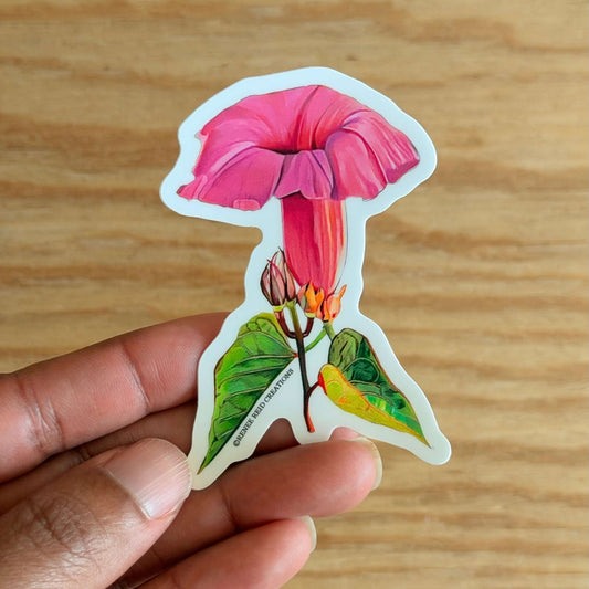 Pink Morning Glory Flower Vinyl Sticker on a wooden surface