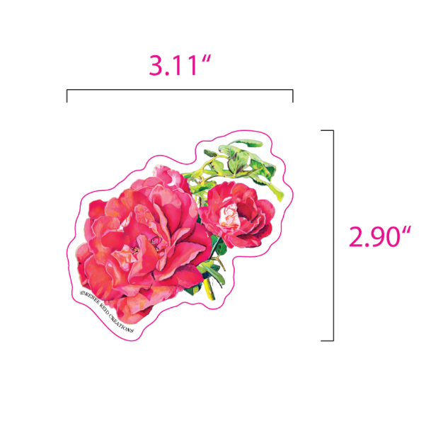 A die-cut sticker featuring a watercolor-style pink rose floral design with green leaves, shown on a white background with dimension lines and text indicating 3.11 inches by 2.