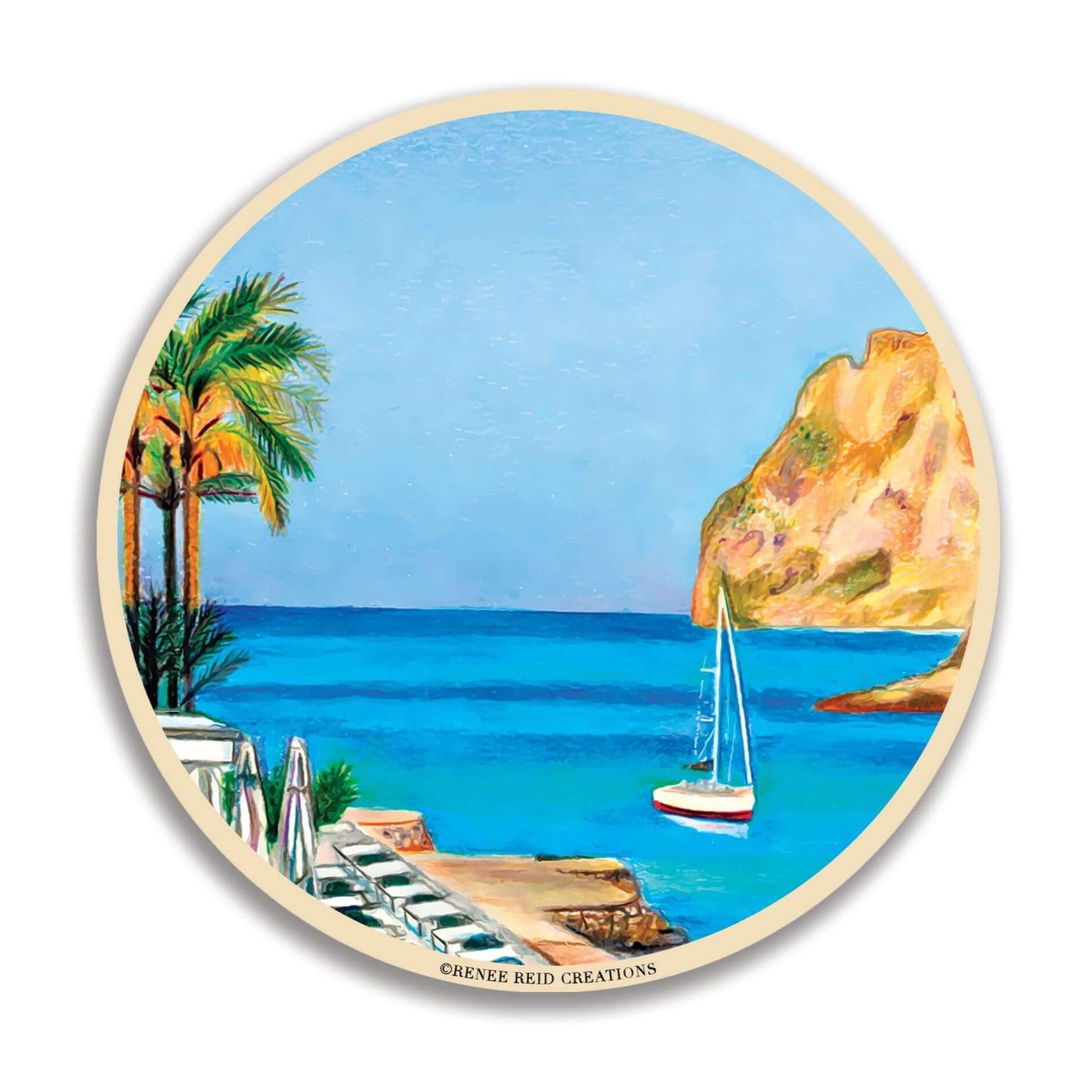 Mallorca Blues round ceramic coaster with the original art Serene by Artist Renee Reid, cork backing, and absorbent stone for stylish functionality.
