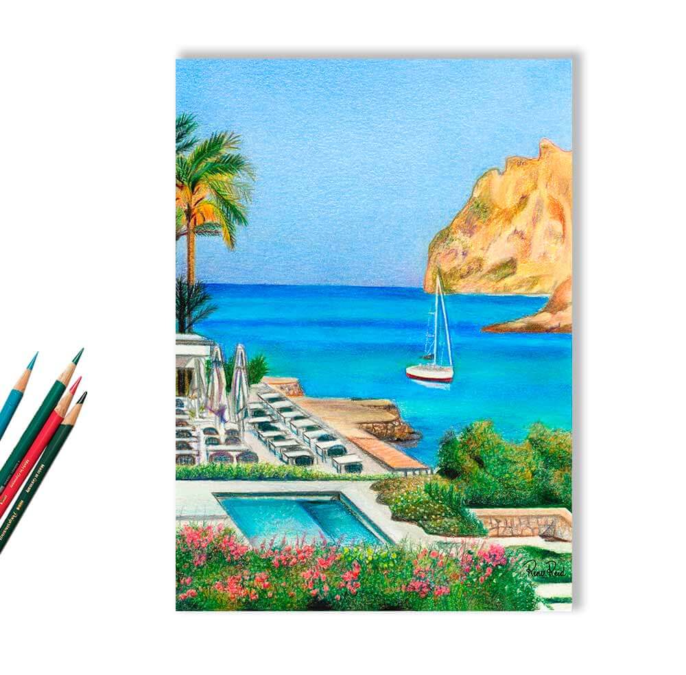 Renee Reid art print of a view of an ocean resort with cliffs, beach, boats and palm trees with colored pencils on the left