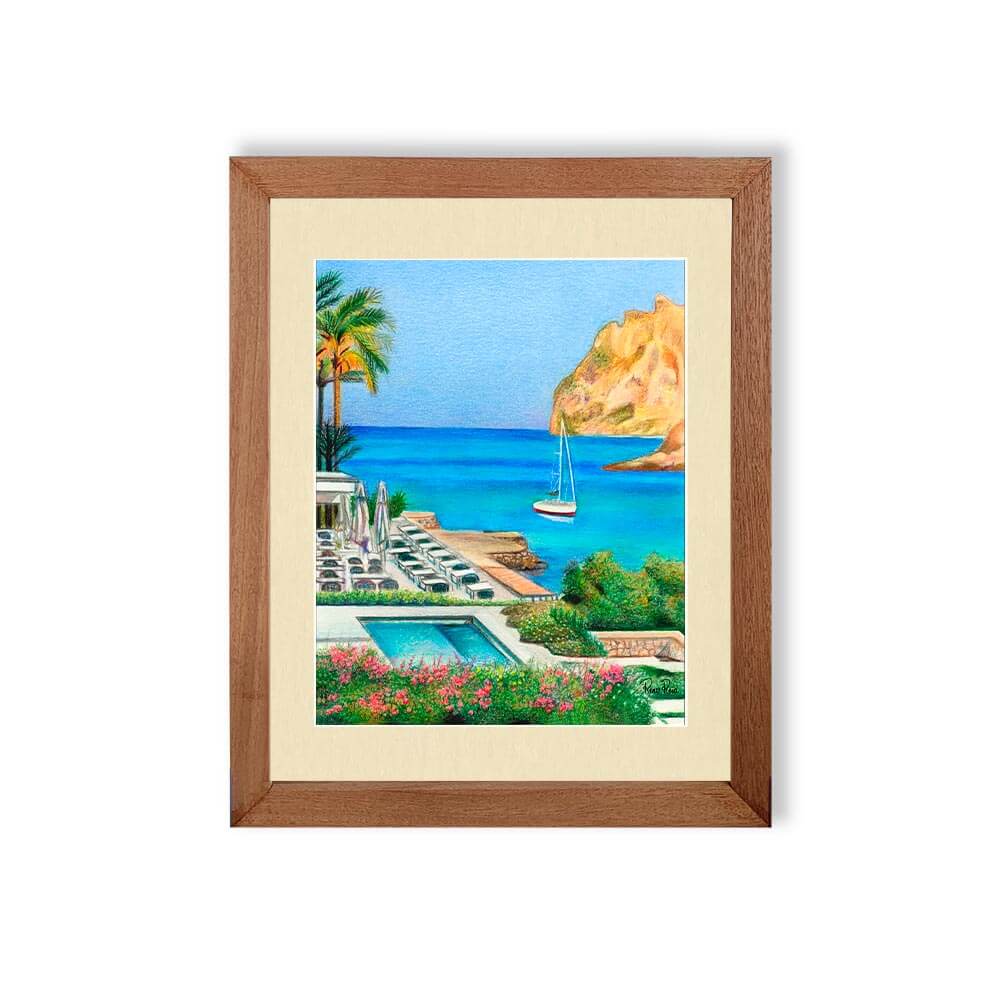 Renee Reid framed art print of a view of an ocean resort with cliffs, beach, boats and palm trees