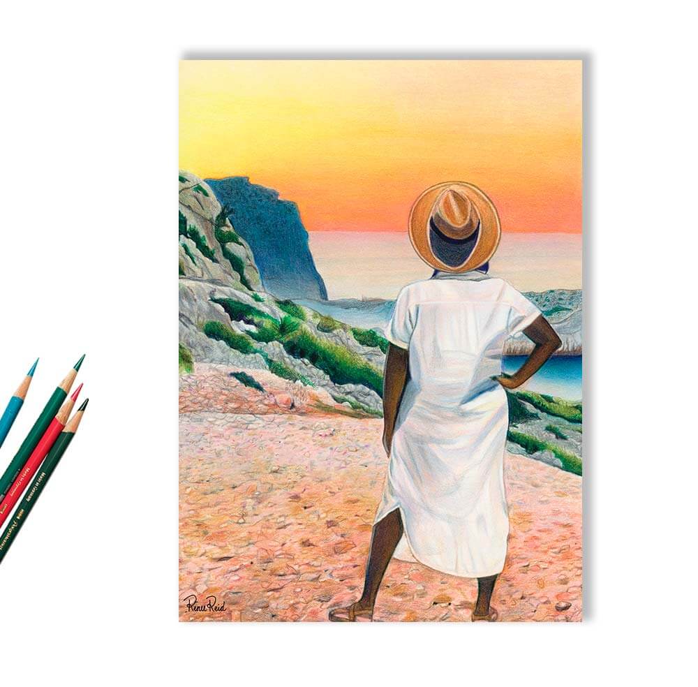 Renee Reid fine art print of a woman gazing into the horizon at a colorful sunset with colored pencils on the left