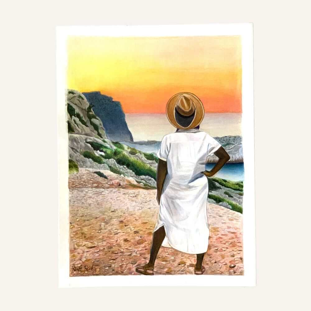 Renee Reid art print of a woman gazing into the horizon at a colorful sunset