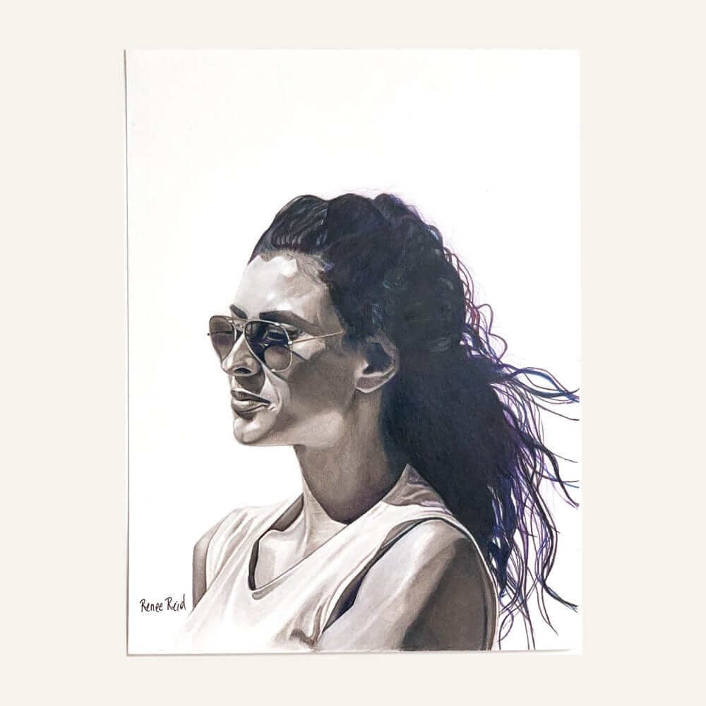 Renee Reid original art of a monchromatic portrait of a woman with sunglasses