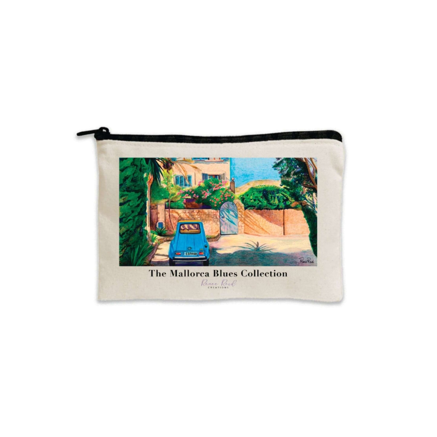 Mallorca Blues canvas pouch with vibrant summer holiday home landscape art, black zipper, and compact design.