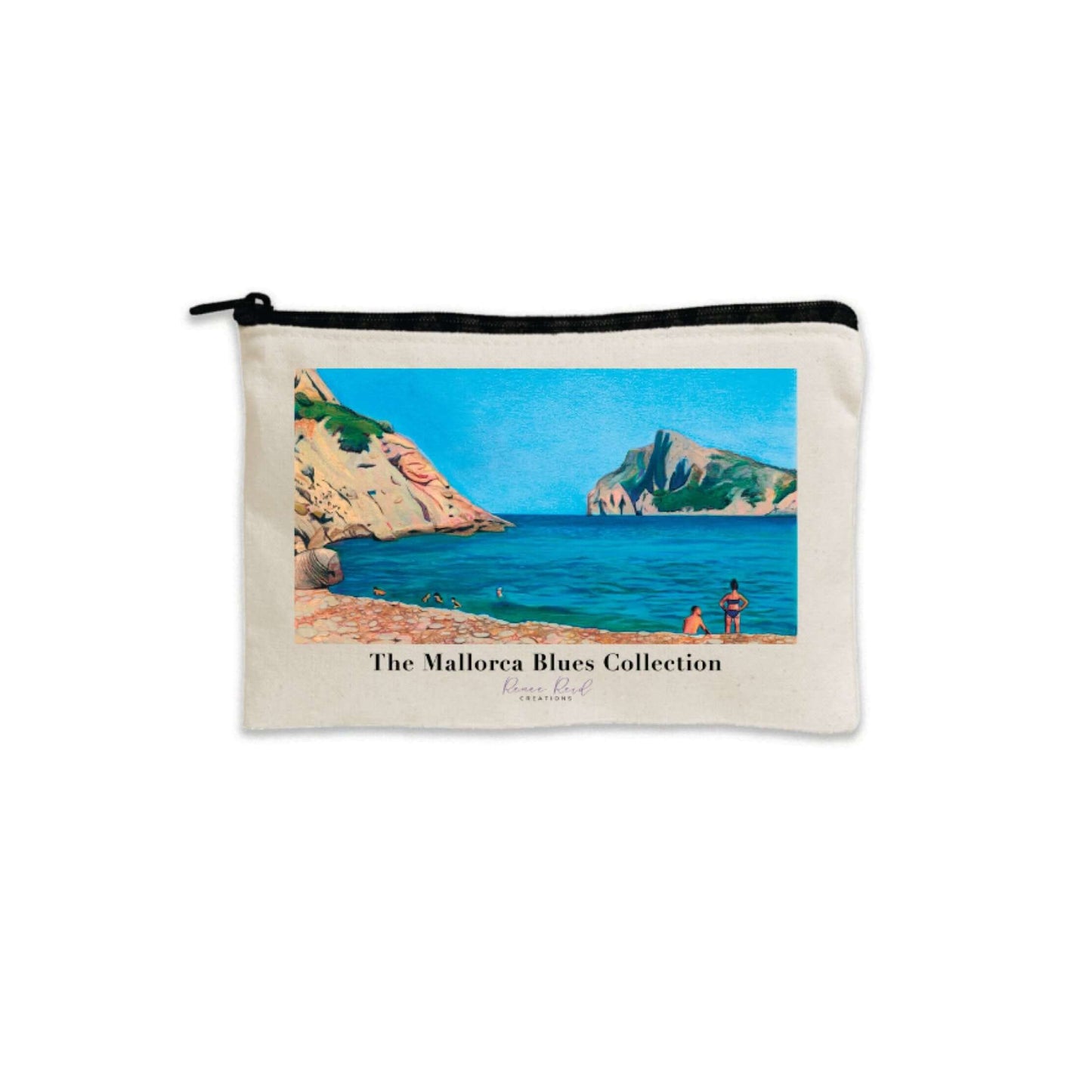 Mallorca Blues canvas pouch with vibrant beach theme landscape art, black zipper, and compact design.