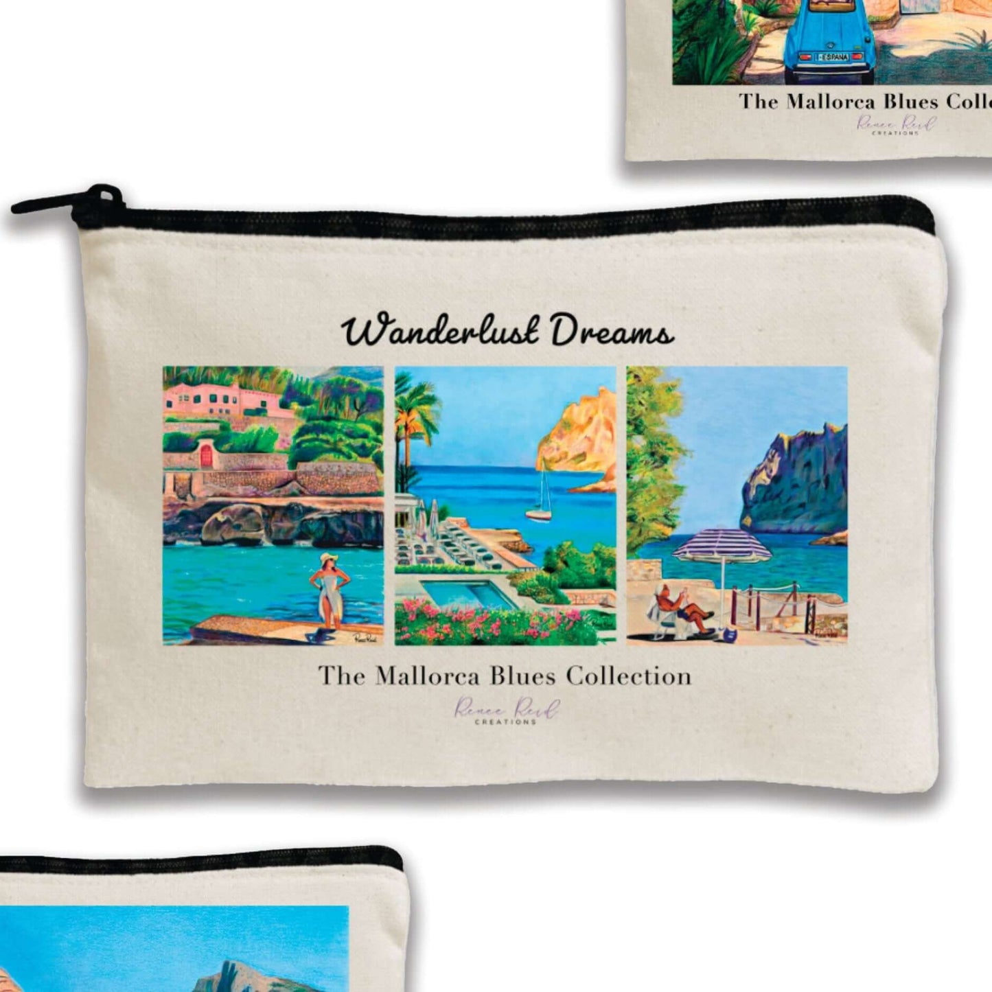 Travel-sized Mallorca Blues canvas pouche with original art, black zipper, perfect for makeup or toiletries compared to small pouches