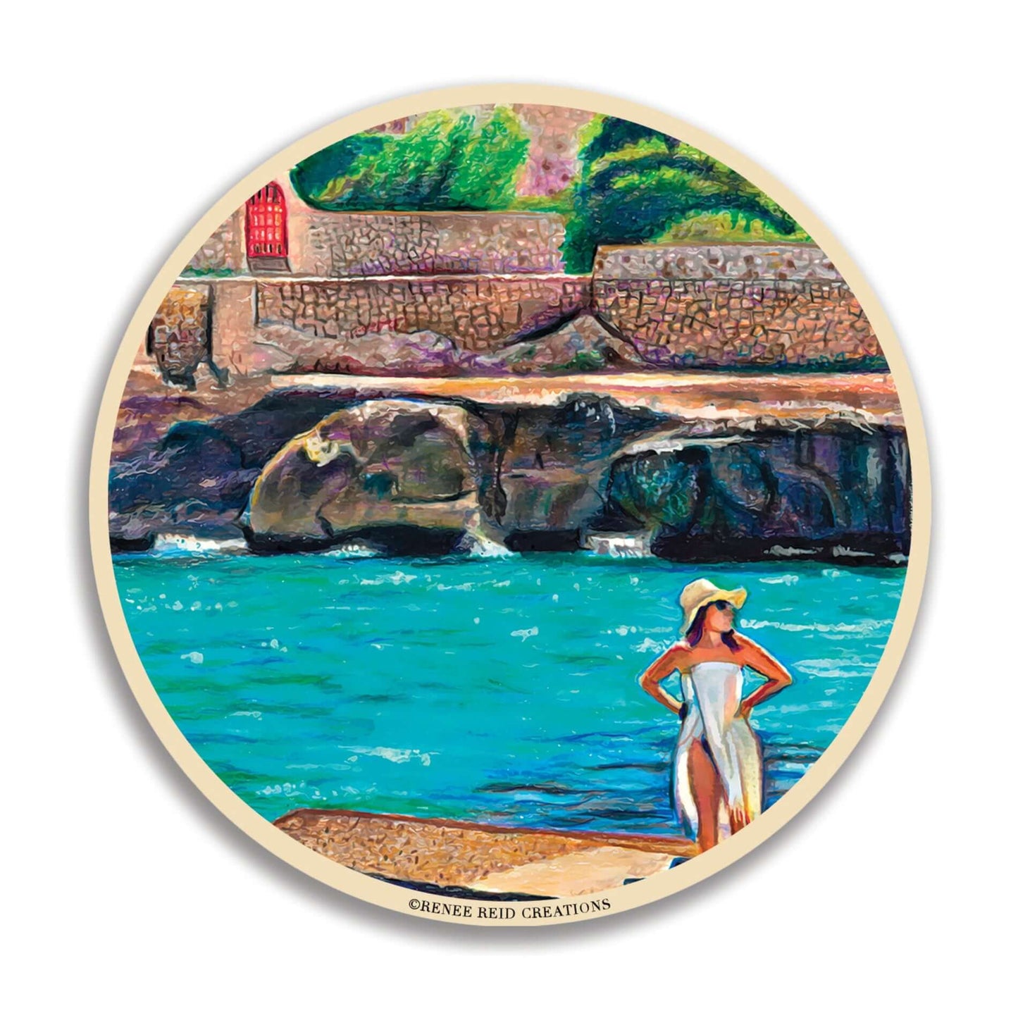 Mallorca Blues round ceramic coaster with the original art Carefree by Artist Renee Reid, cork backing, and absorbent stone for stylish functionality.