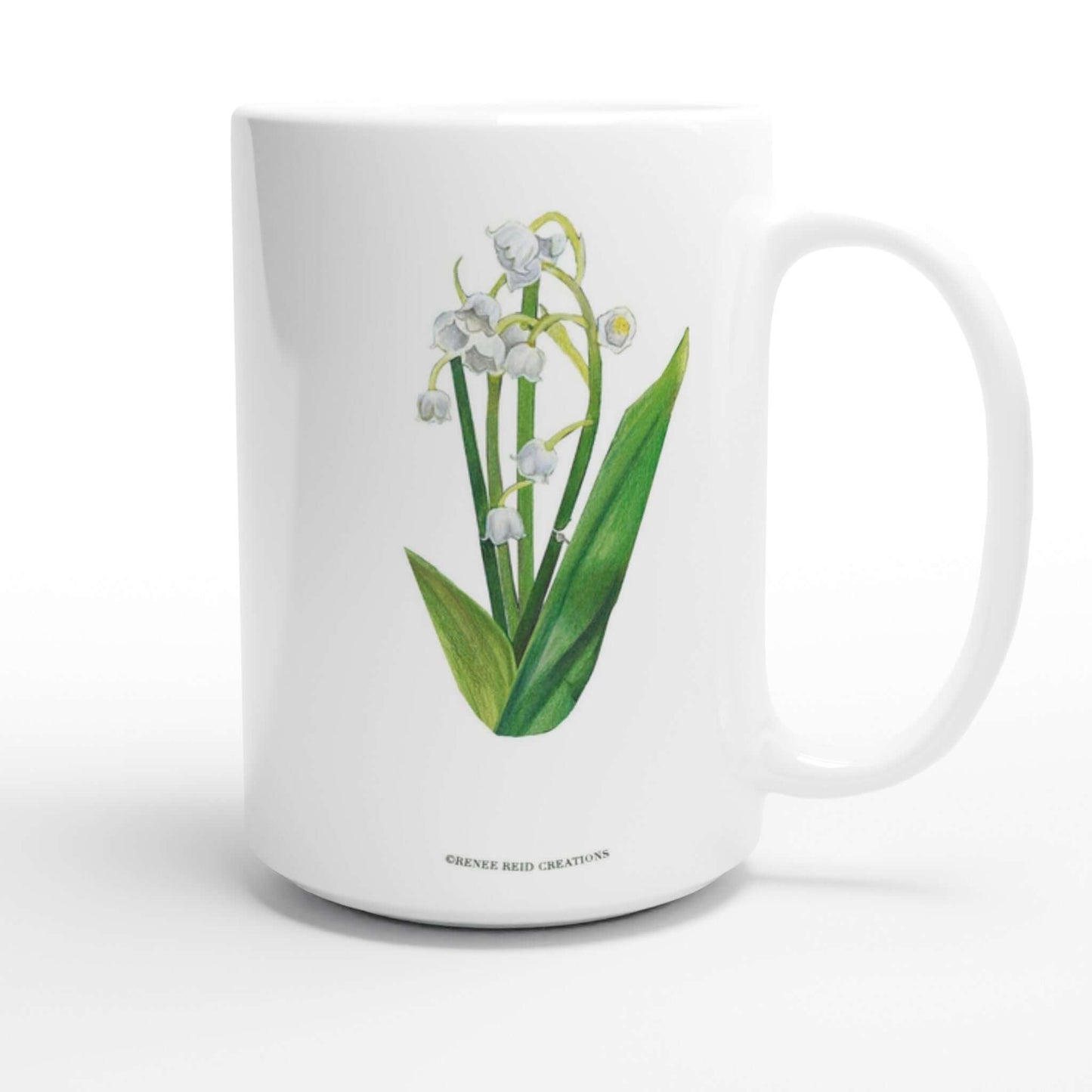 Lily of the Valley Flower Mug 15oz featuring a botanical illustration of lilies and green leaves.