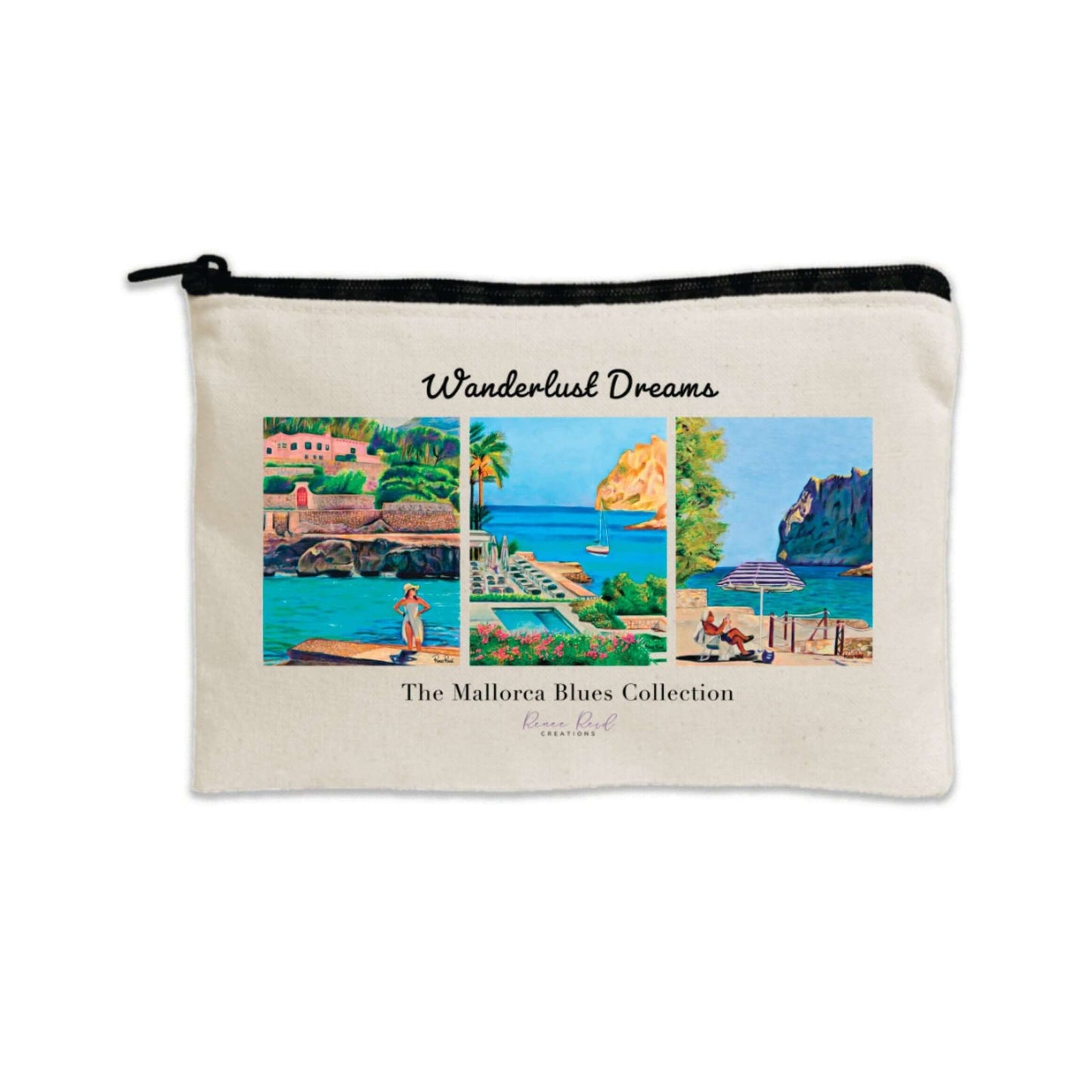 Travel-sized Mallorca Blues canvas pouch with original art, black zipper, perfect for makeup or toiletries.