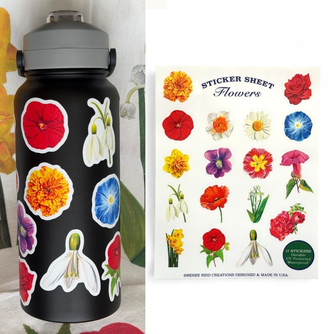 Xtra-Large Flower Sticker Sheet displayed next to a black water bottle adorned with colorful flower stickers.