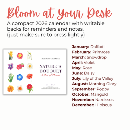 2026 Floral Mini Desk Calendar showcasing flowers for each month with a clean design and writable backs.