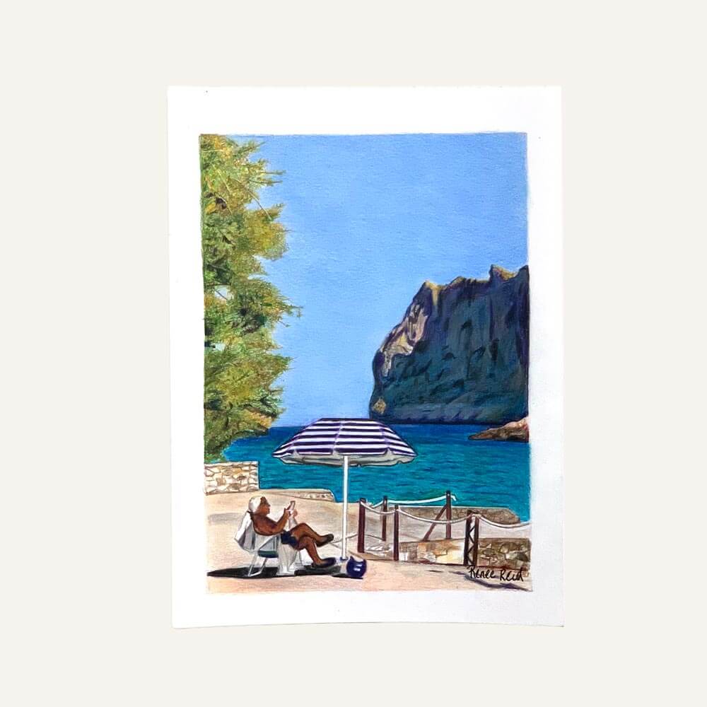 Renee Reid original artwork titled Blissful of a man sitting by the beach under an umbrella reading the newspaper 