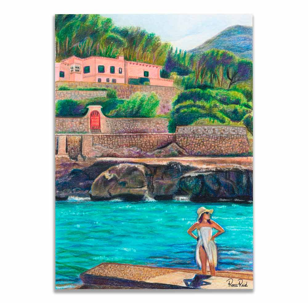 Renee Reid art print of a woman on a beachside landing glazing into the distance 