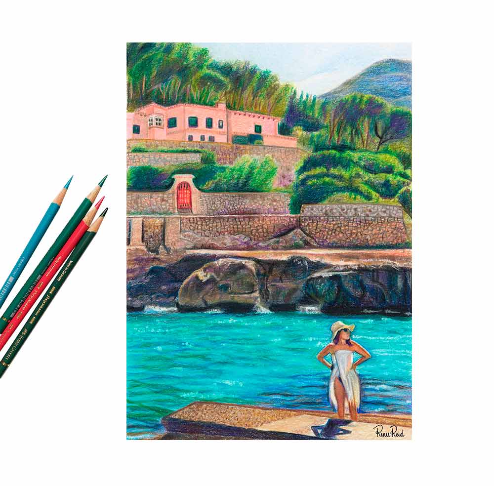 Renee Reid art print of a woman on a beachside landing glazing into the distance; colored pencils  on the left