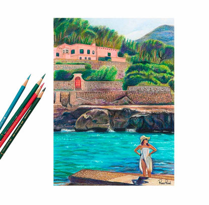 Renee Reid art print of a woman on a beachside landing glazing into the distance; colored pencils  on the left
