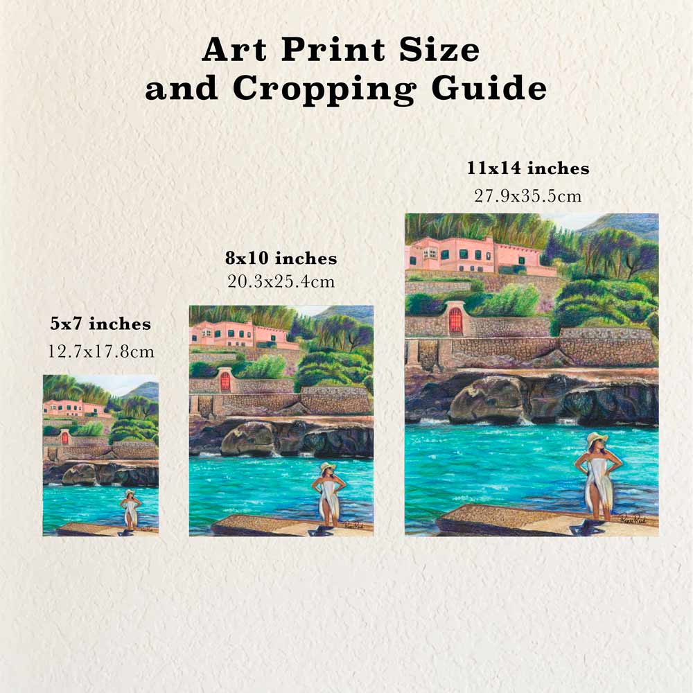 Size and cropping guide showing different sizes of art prints based on a coastal drawing by Renee Reid