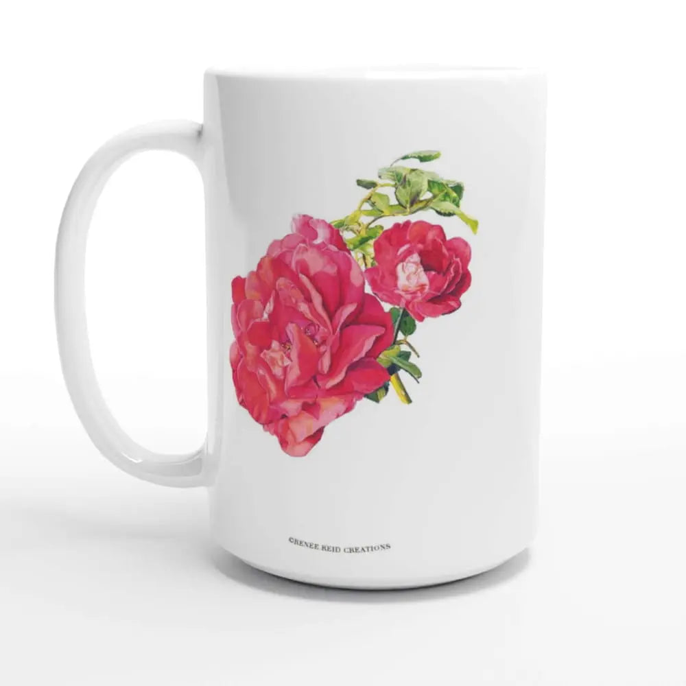 White mug with pink rose floral design on a white background