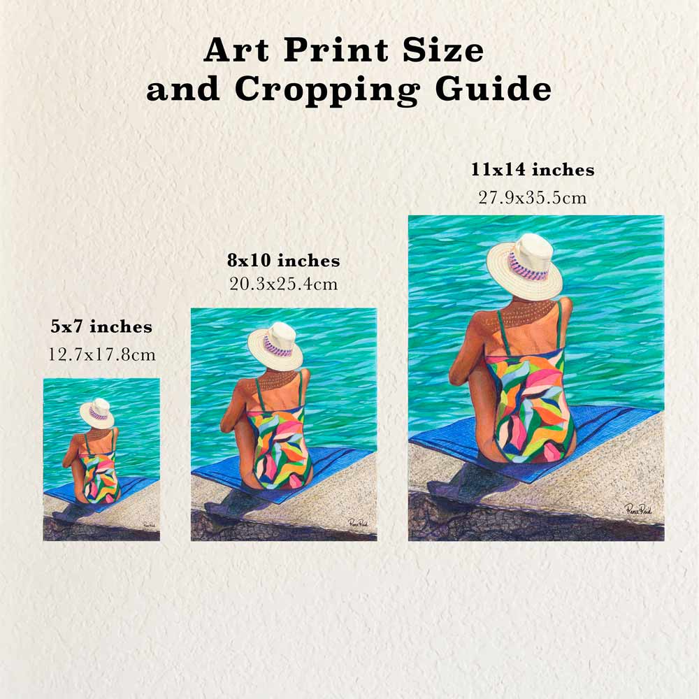 Size and cropping guide showing different sizes of art prints based on a beachside drawing by Renee Reid