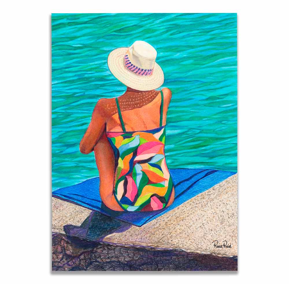 Renee Reid art print of a woman in a colorful swimsuit daydream on a seaside landing