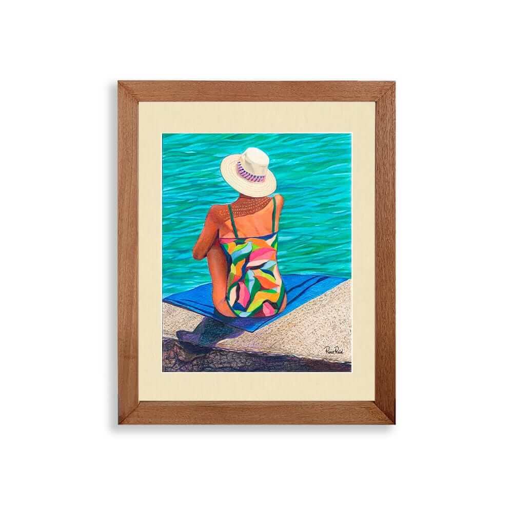 Renee Reid framed art print of a woman in a colorful swimsuit daydream on a seaside landing