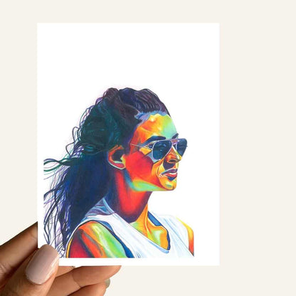 Close up of greeting card of a colorful portrait of a pensive look wearing sunglasses peering into the distance