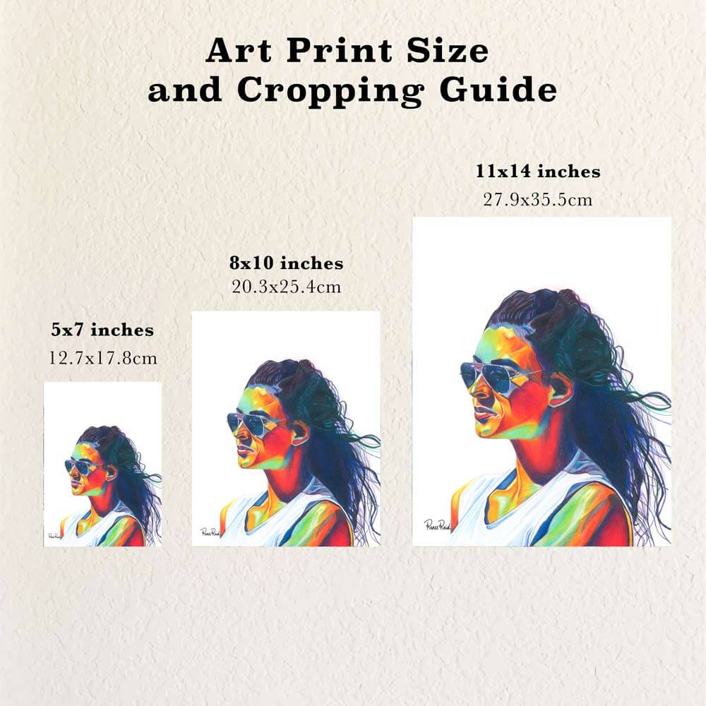 Size and cropping guide showing different sizes of art prints based on a beachside drawing by Renee Reid
