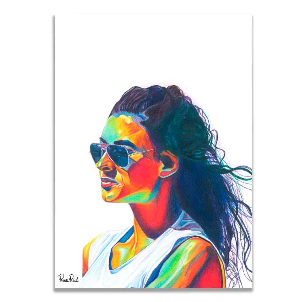 Renee Reid art print of a colorful portrait of a pensive look wearing sunglasses peering into the distance