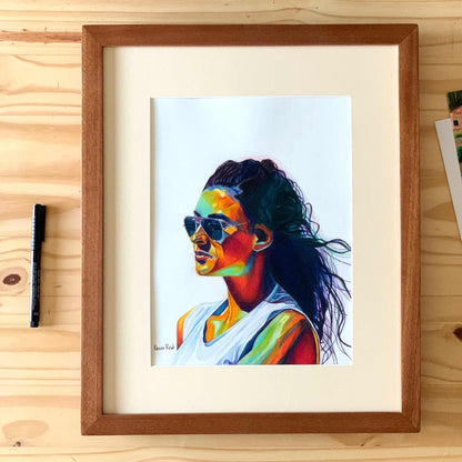 Renee Reid framed original art of a colorful portrait of a pensive look wearing sunglasses peering into the distance