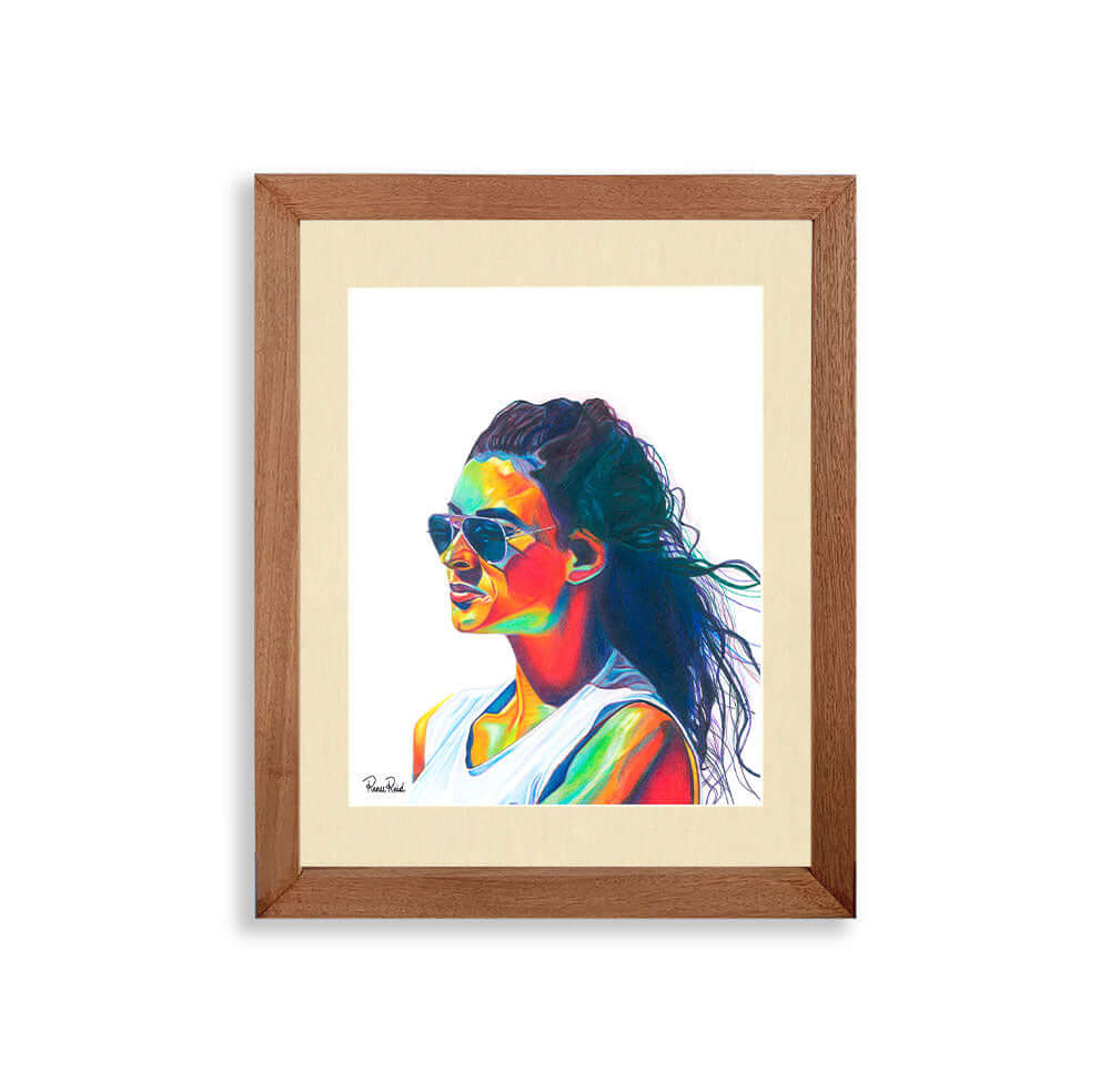 Renee Reid framed original art of a colorful portrait of a pensive look wearing sunglasses peering into the distance