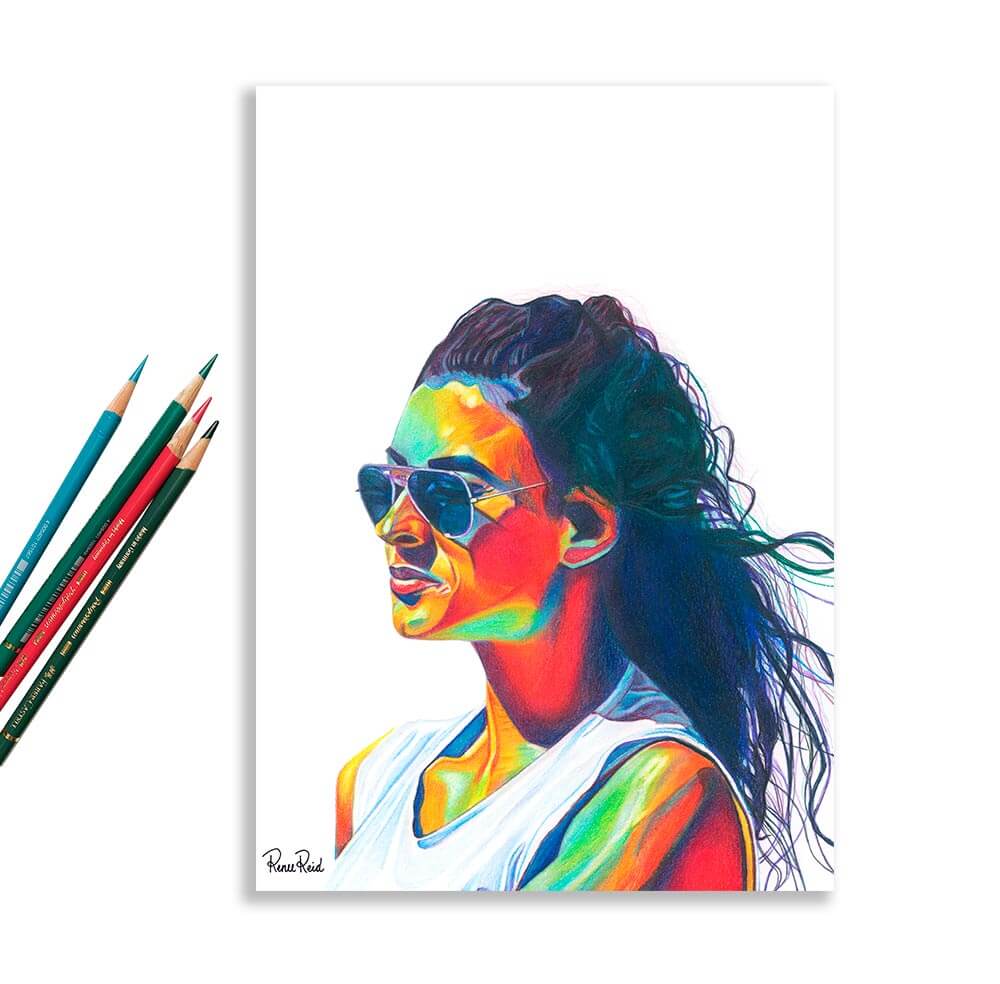 Renee Reid art print of a colorful portrait of a pensive look wearing sunglasses peering into the distance with colored pencils on the left