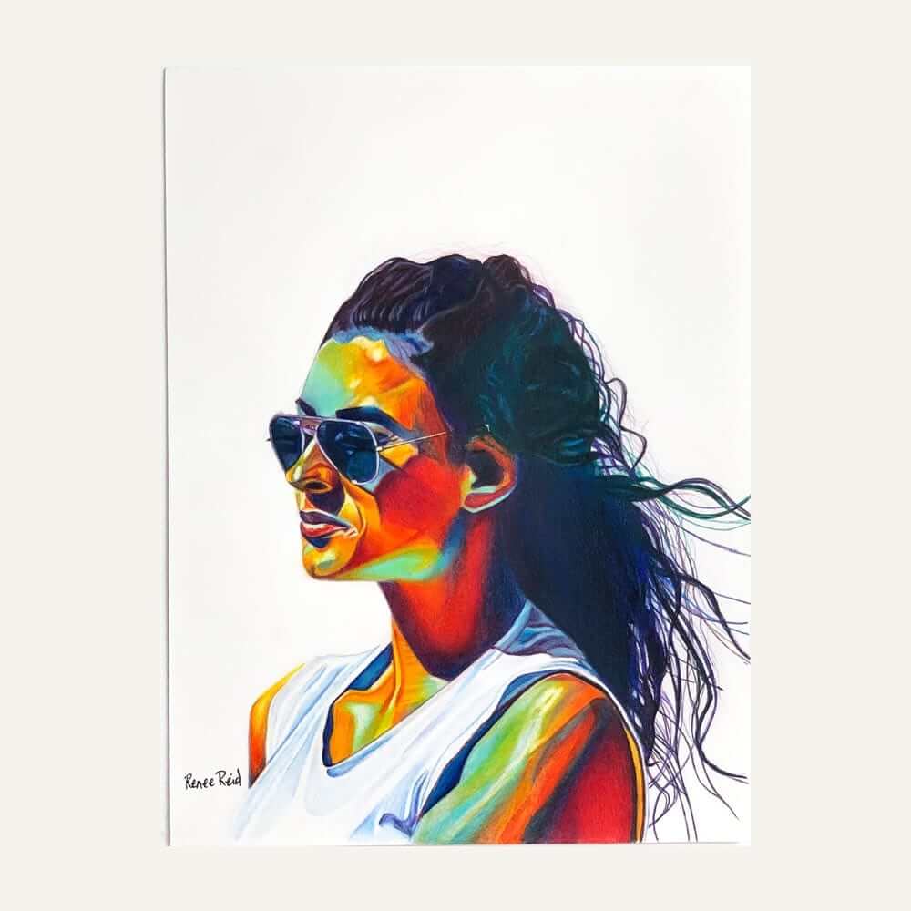 Renee Reid original artwork of a colorful portrait of a pensive look wearing sunglasses peering into the distance