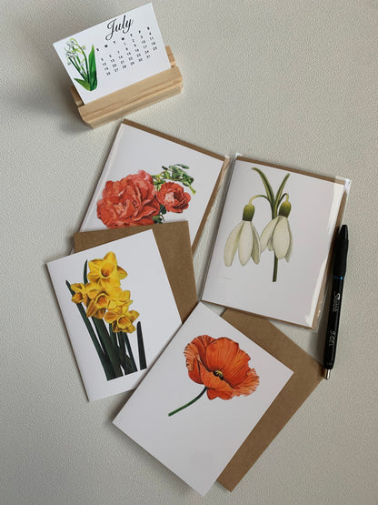 Floral Greeting Card Boxed Set featuring illustrated floral designs with a calendar and pen on a table.