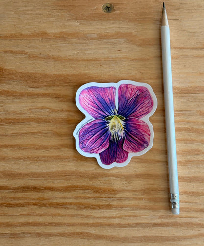 Purple Violet Flower Vinyl Sticker on wooden surface next to a pencil, showcasing vibrant colors and intricate details.